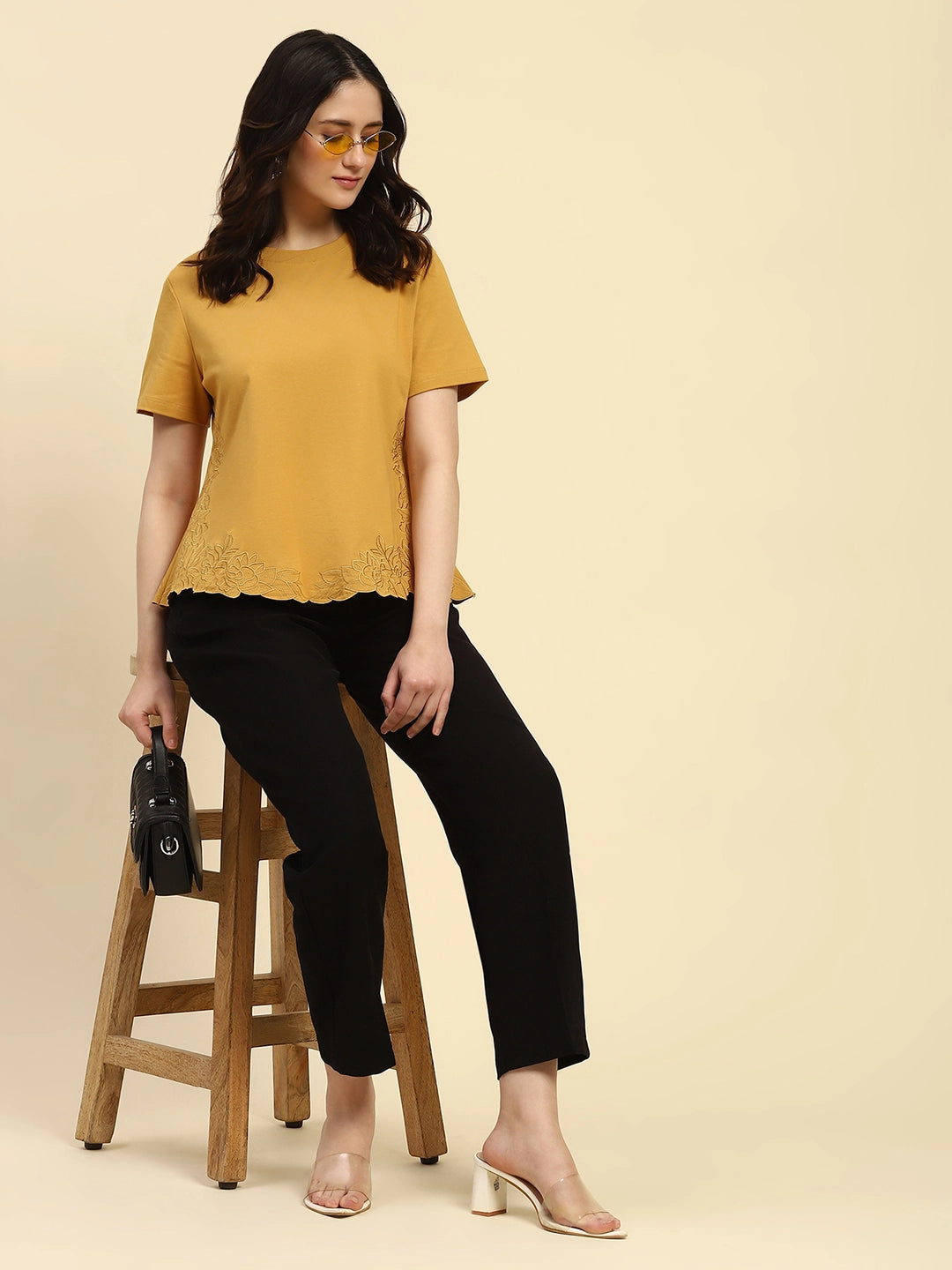 Mustard Embroidered UV Protection Cotton Blend Relaxed Fit Top