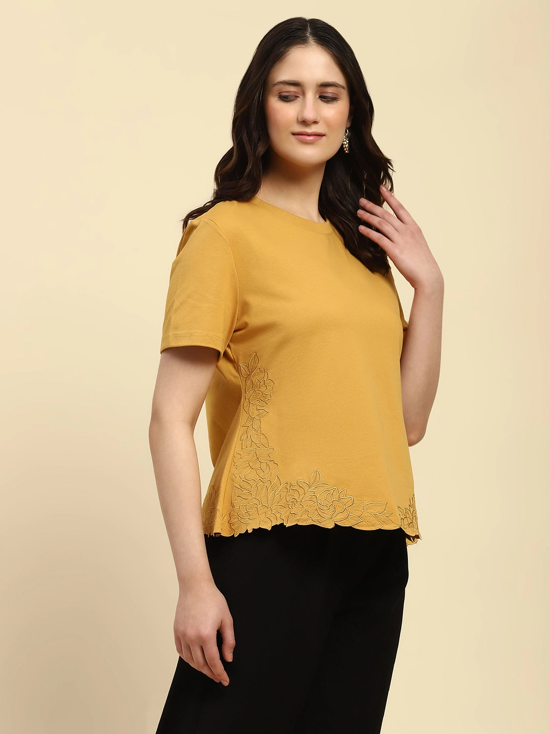 Mustard Embroidered Cotton Blend Relaxed Fit Top