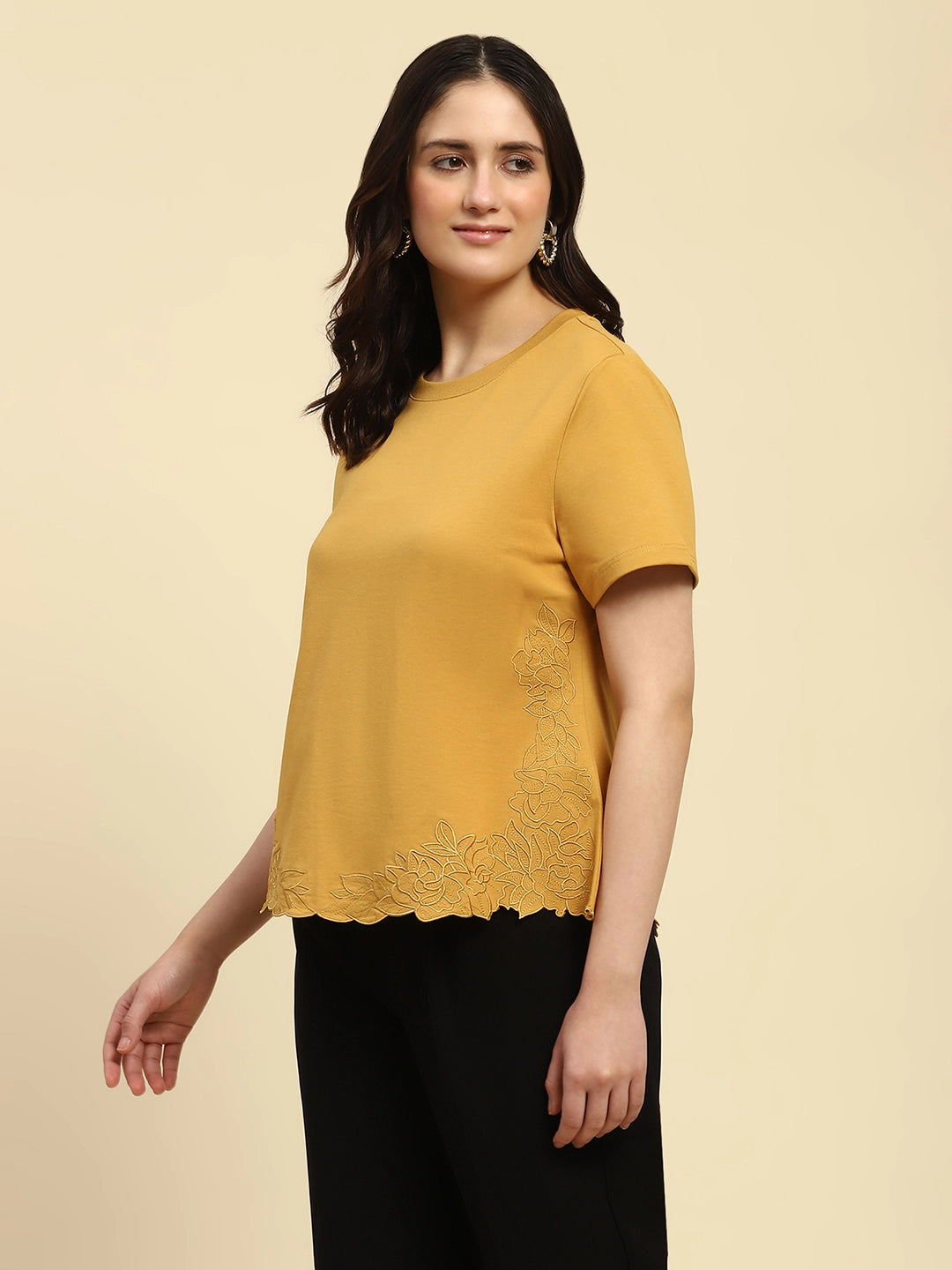 Mustard Embroidered Cotton Blend Relaxed Fit Top