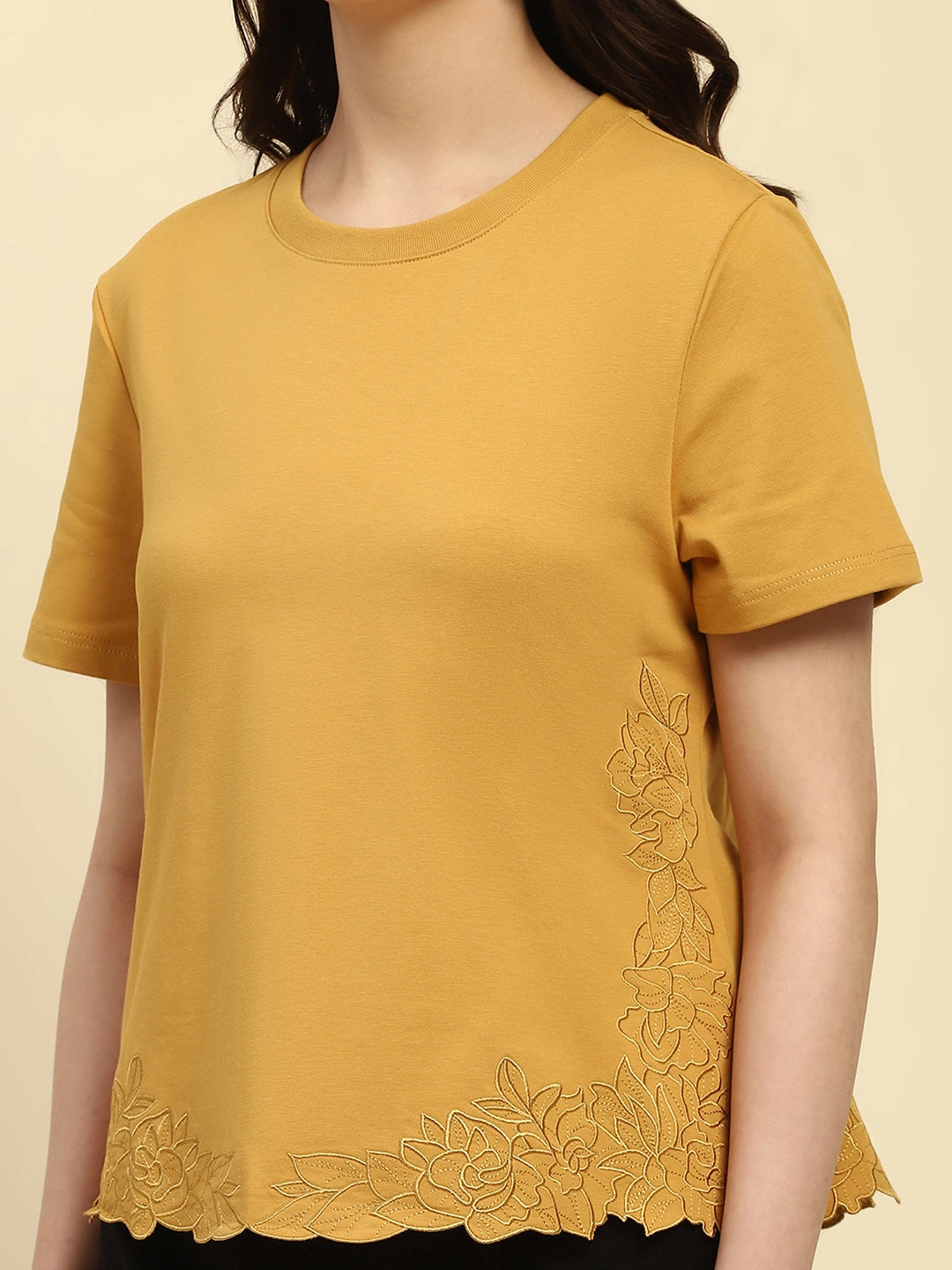 Mustard Embroidered Cotton Blend Relaxed Fit Top