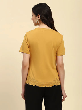 Mustard Embroidered Cotton Blend Relaxed Fit Top