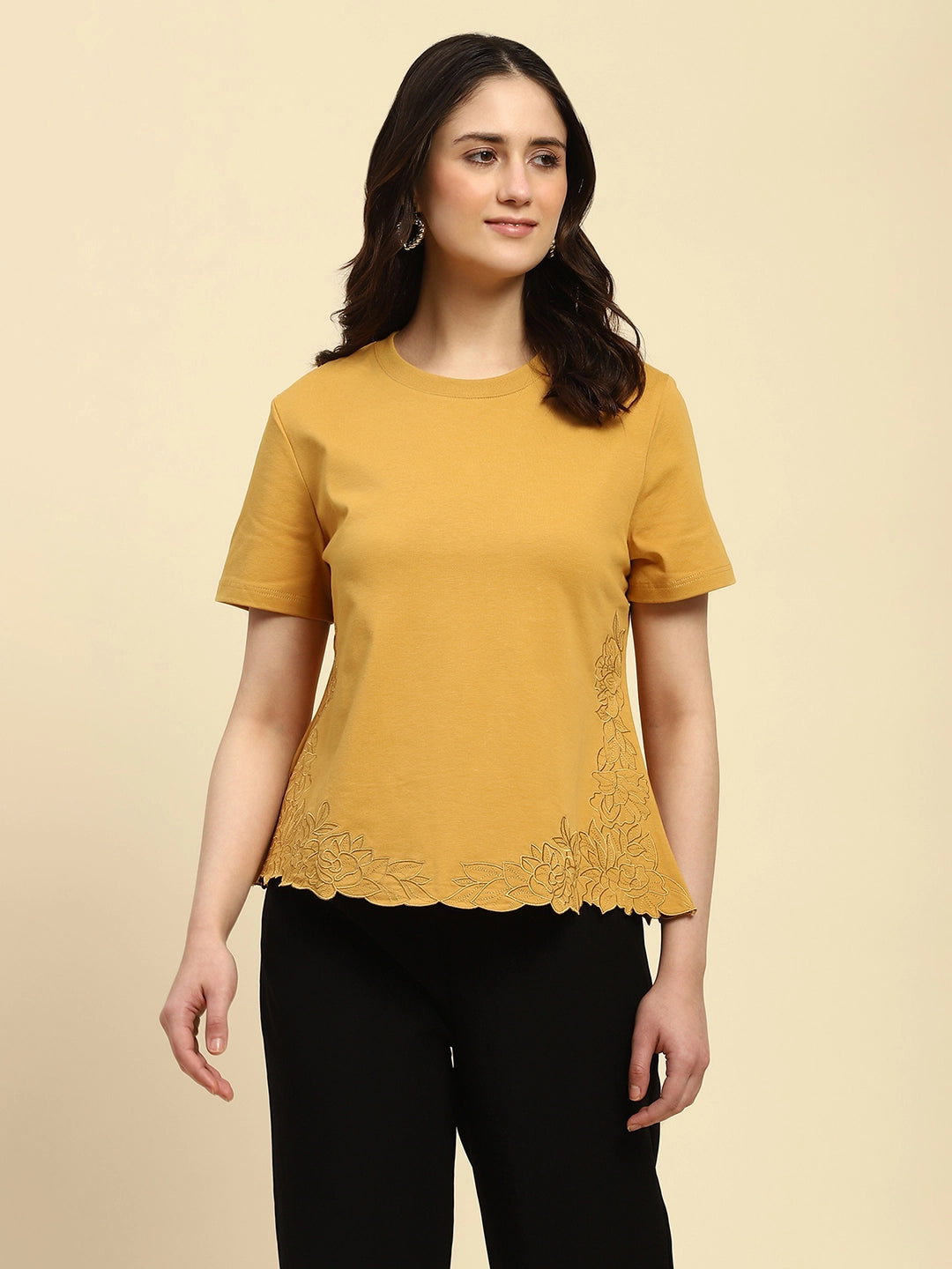 Mustard Embroidered Cotton Blend Relaxed Fit Top