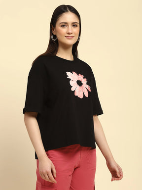 Black Floral Print Cotton Blend Boxy Fit Top