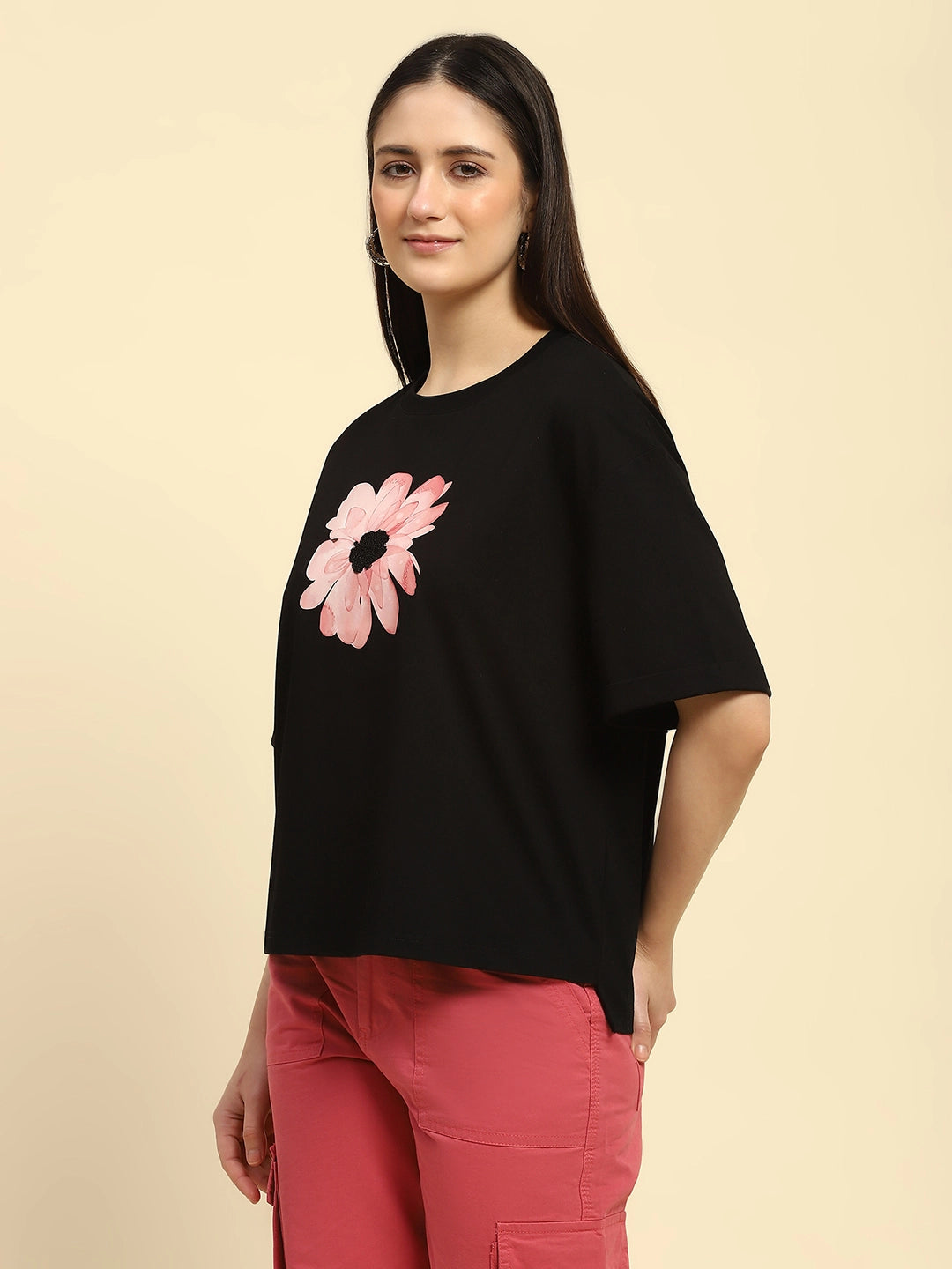 Black Floral Print Cotton Blend Boxy Fit Top