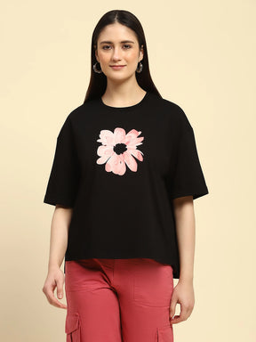 Black Floral Print Cotton Blend Boxy Fit Top