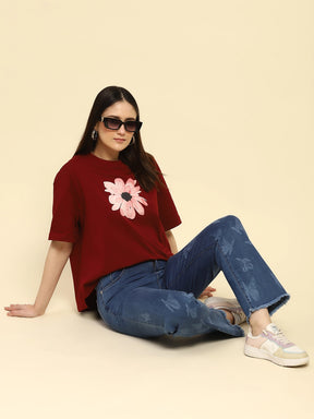 Wine Floral Print Cotton Blend Boxy Fit Top