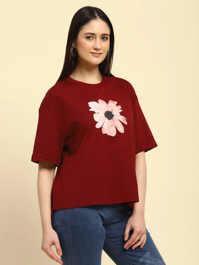 Wine Floral Print Cotton Blend Boxy Fit Top