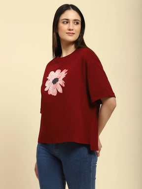 Wine Floral Print Cotton Blend Boxy Fit Top