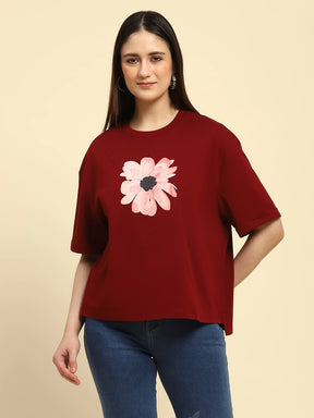 Wine Floral Print Cotton Blend Boxy Fit Top