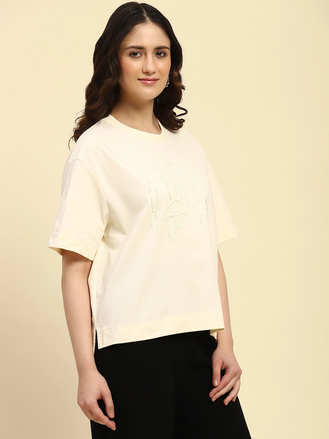 Cream Embroidered UV Protection Cotton Blend Oversized Top