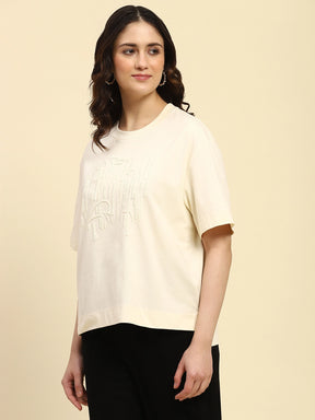 Cream Embroidered Cotton Blend Oversized Top