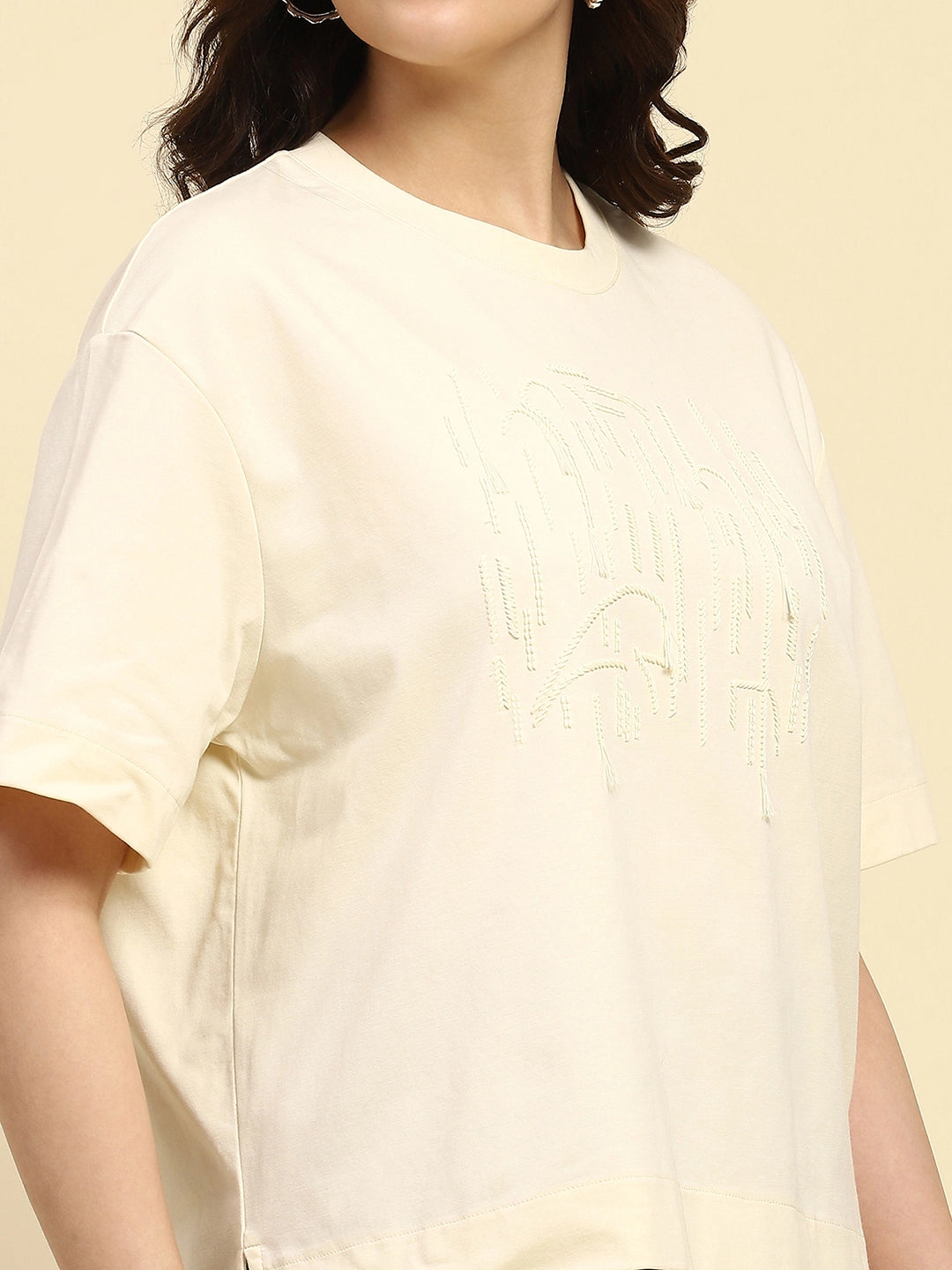 Cream Embroidered Cotton Blend Oversized Top