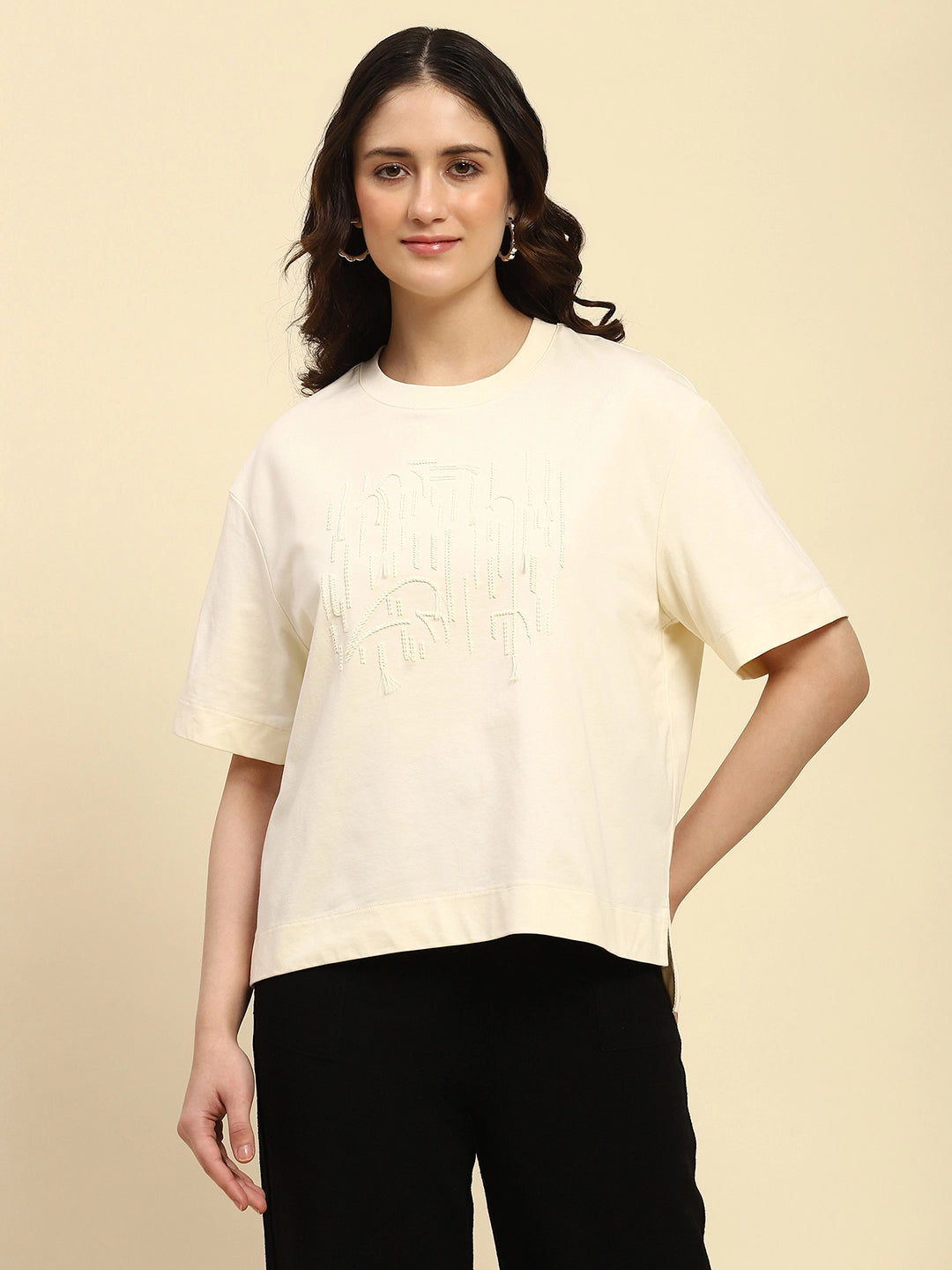 Cream Embroidered Cotton Blend Oversized Top