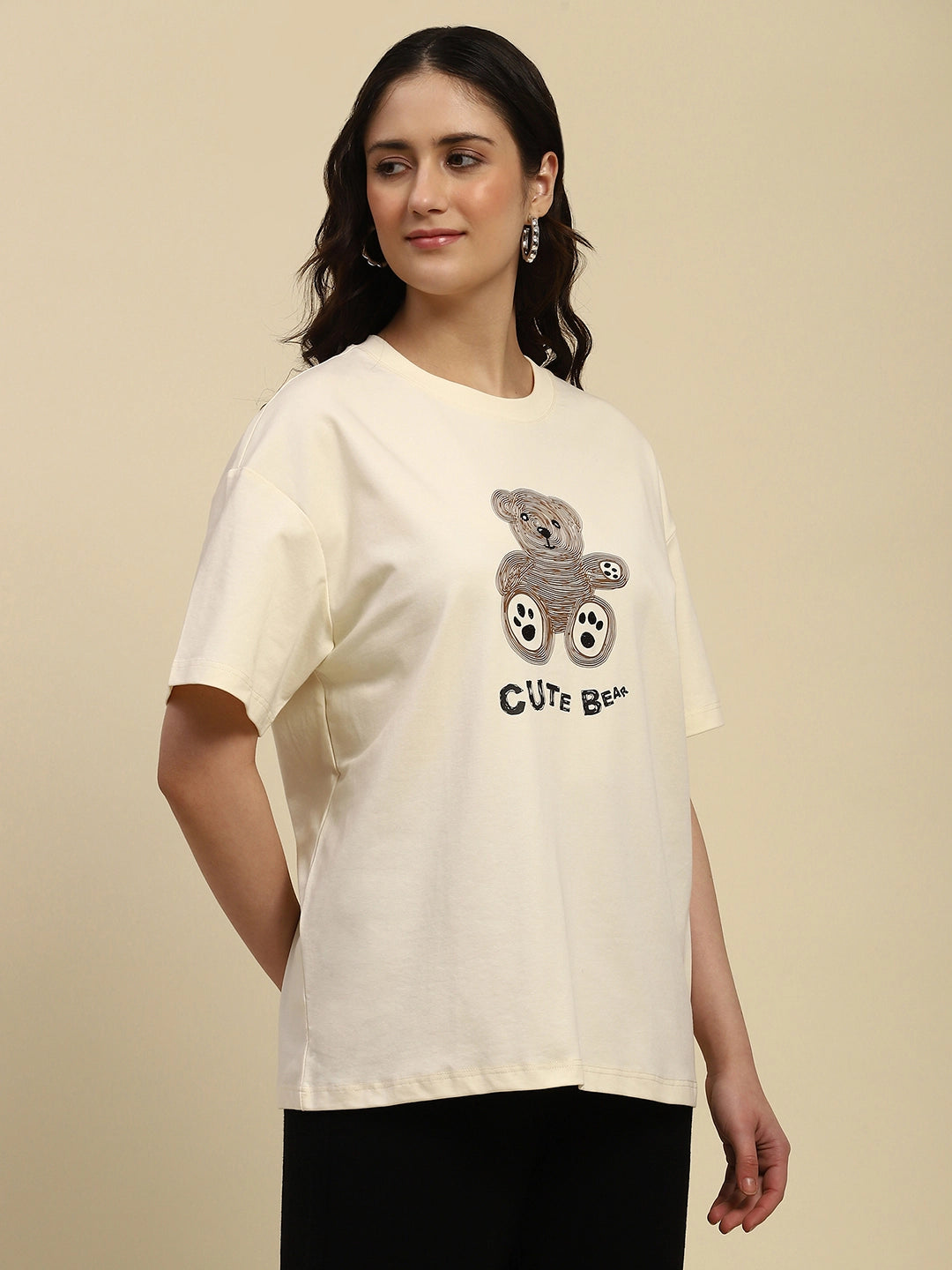 Cream Graphic Print & Studs Cotton Blend Oversized Top