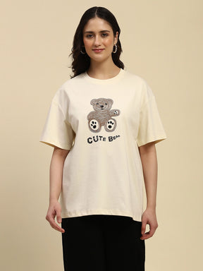 Cream Graphic Print & Studs Cotton Blend Oversized Top