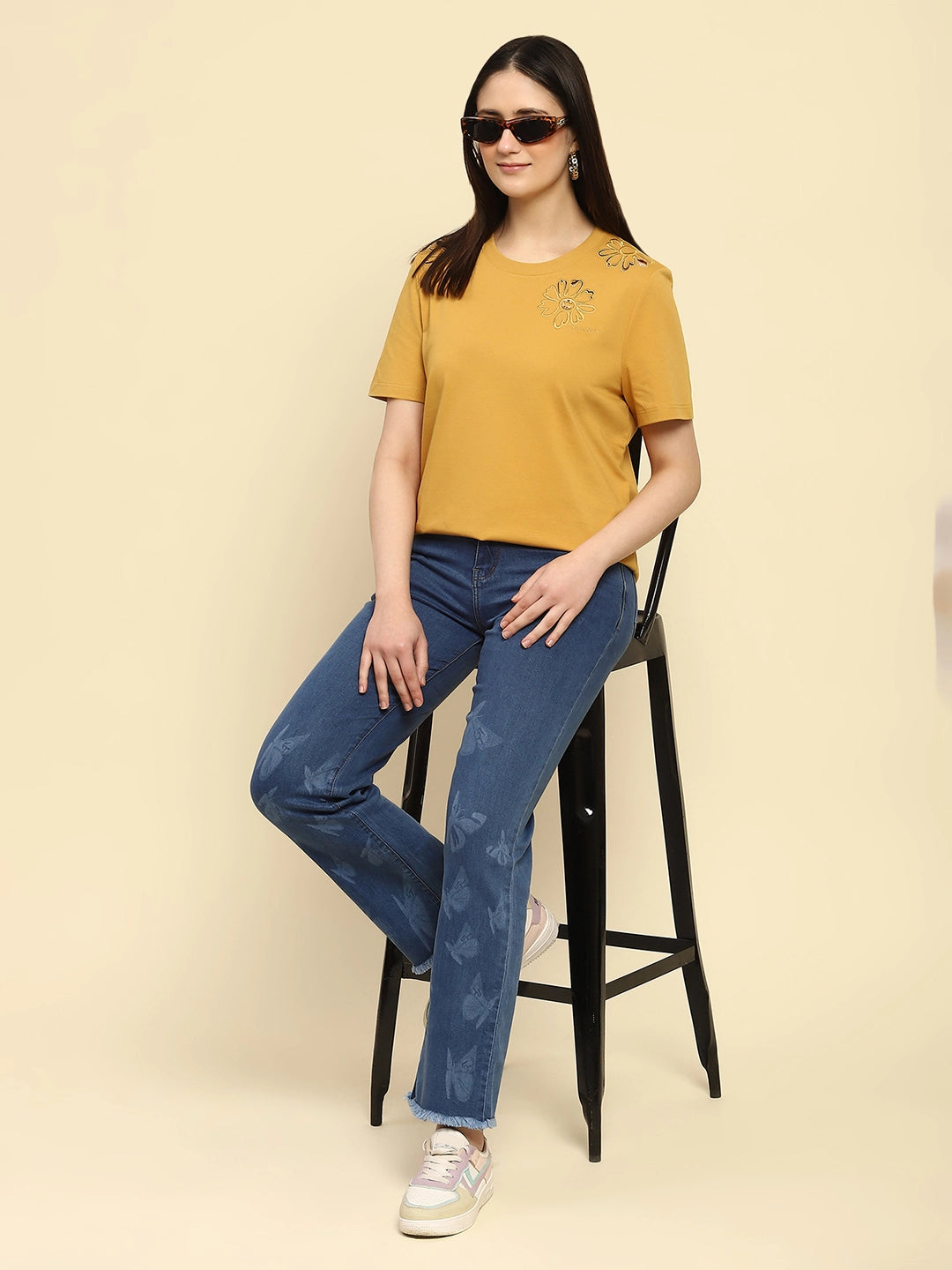 Mustard Cut Work UV Protection Cotton Blend Boxy Fit Top