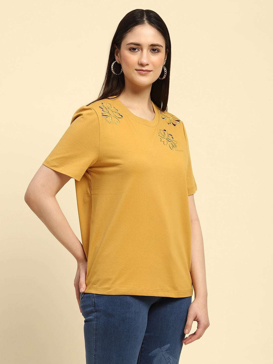 Mustard Cut Work UV Protection Cotton Blend Boxy Fit Top