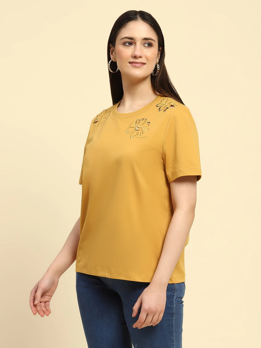 Mustard Embroidered Cotton Blend Boxy Fit Top