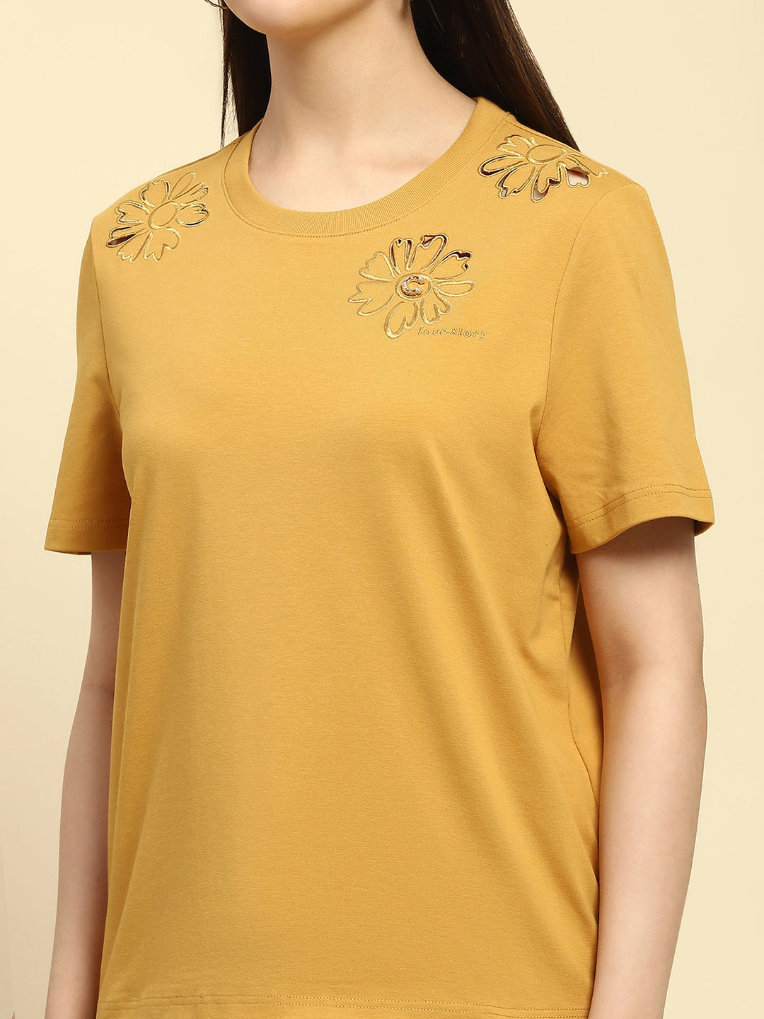 Mustard Embroidered Cotton Blend Boxy Fit Top