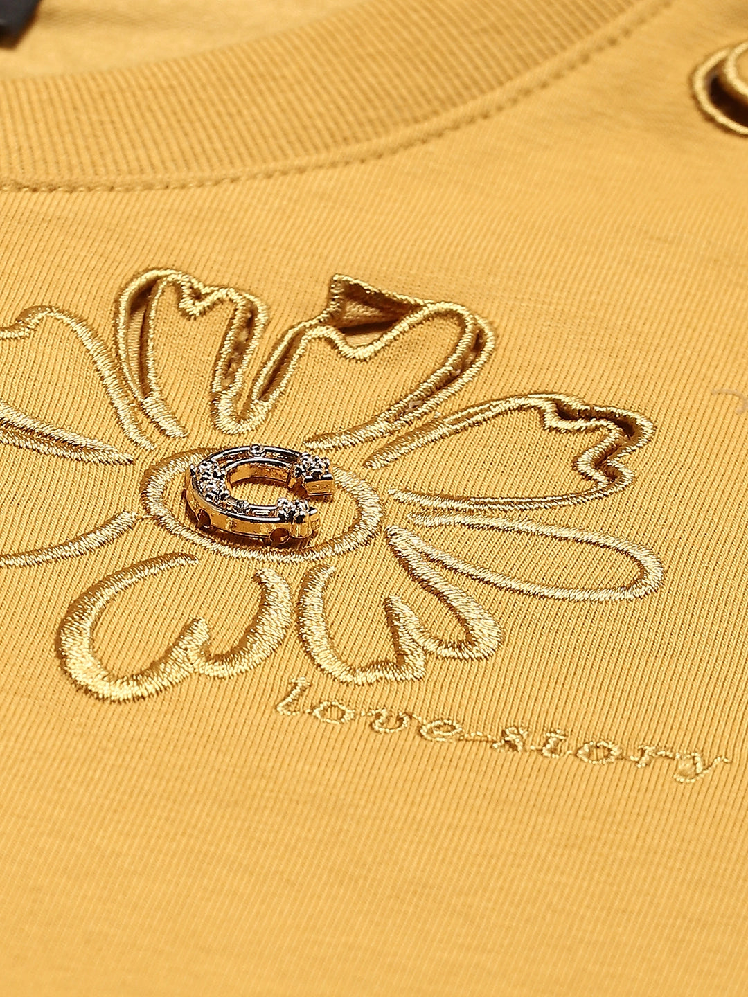 Mustard Embroidered Cotton Blend Boxy Fit Top