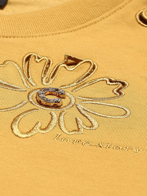 Mustard Embroidered Cotton Blend Boxy Fit Top