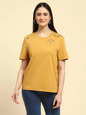 Mustard Embroidered Cotton Blend Boxy Fit Top