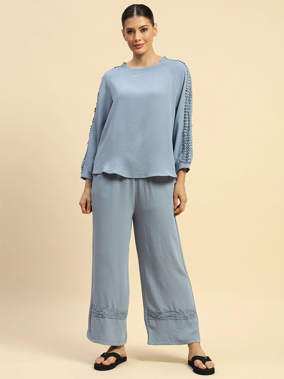 Blue Poly Rayon Relaxed Fit Night Suit For Women