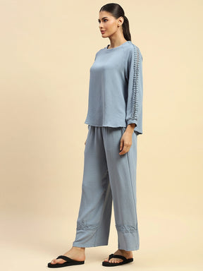 Blue Poly Rayon Relaxed Fit Night Suit For Women