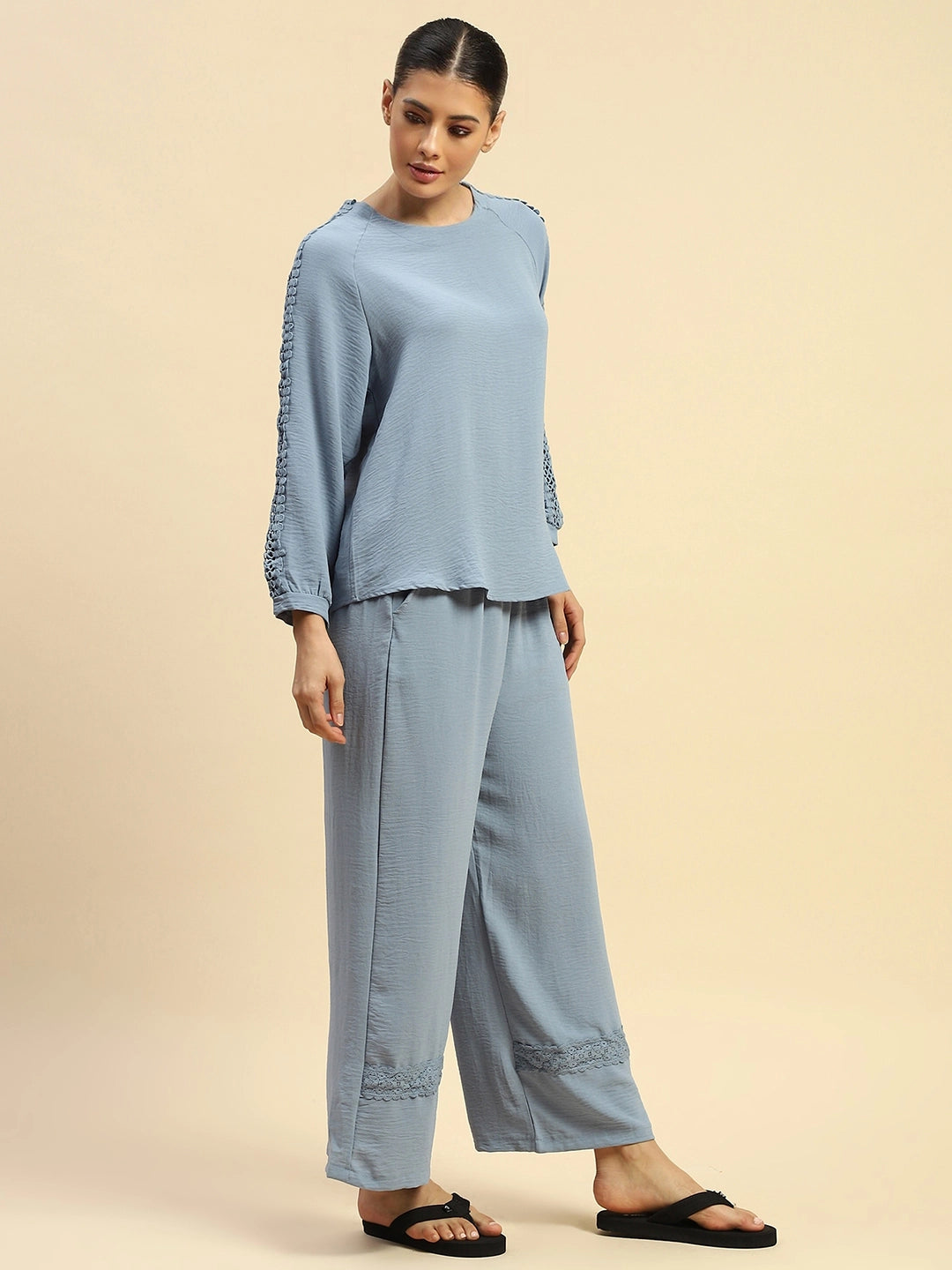 Blue Poly Rayon Relaxed Fit Night Suit For Women