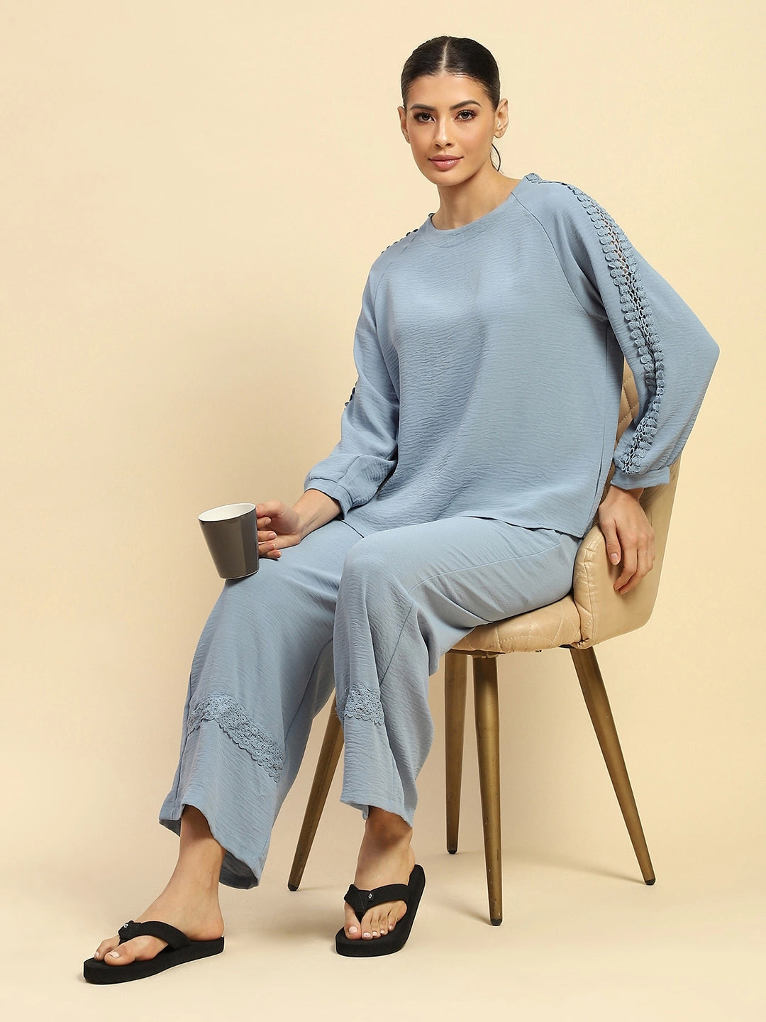 Blue Poly Rayon Relaxed Fit Night Suit For Women