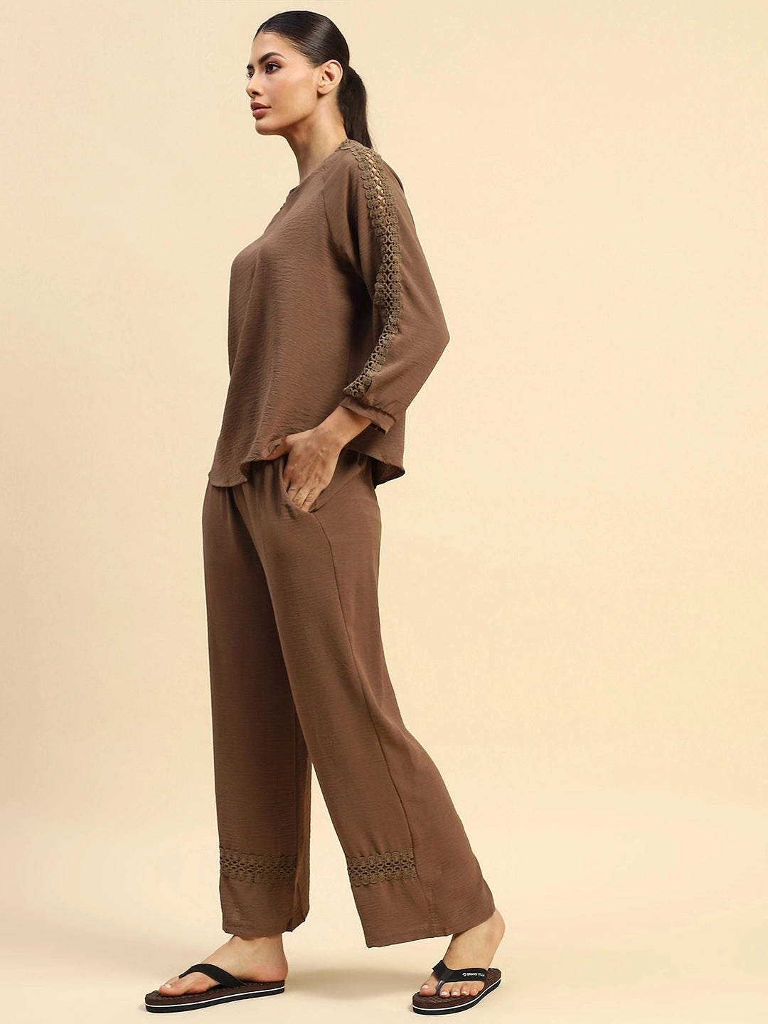 Coffee Poly Rayon Relaxed Fit Night Suit For Women