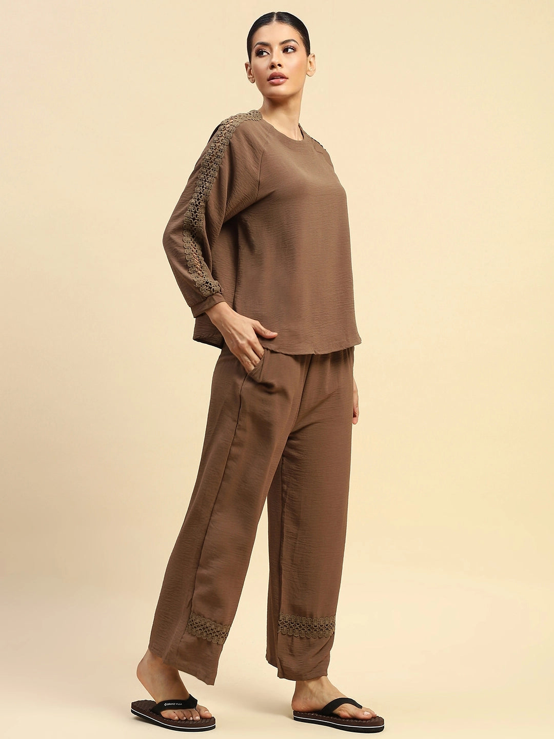 Coffee Poly Rayon Relaxed Fit Night Suit For Women