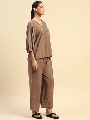 Coffee Rayon Relaxed Fit Night Suit For Women