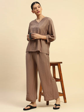 Coffee Rayon Relaxed Fit Night Suit For Women