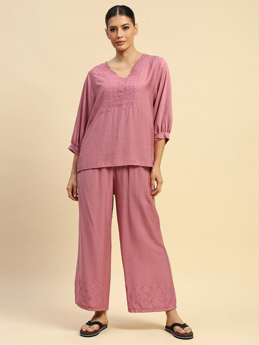 Dusty Pink Rayon Relaxed Fit Night Suit For Women