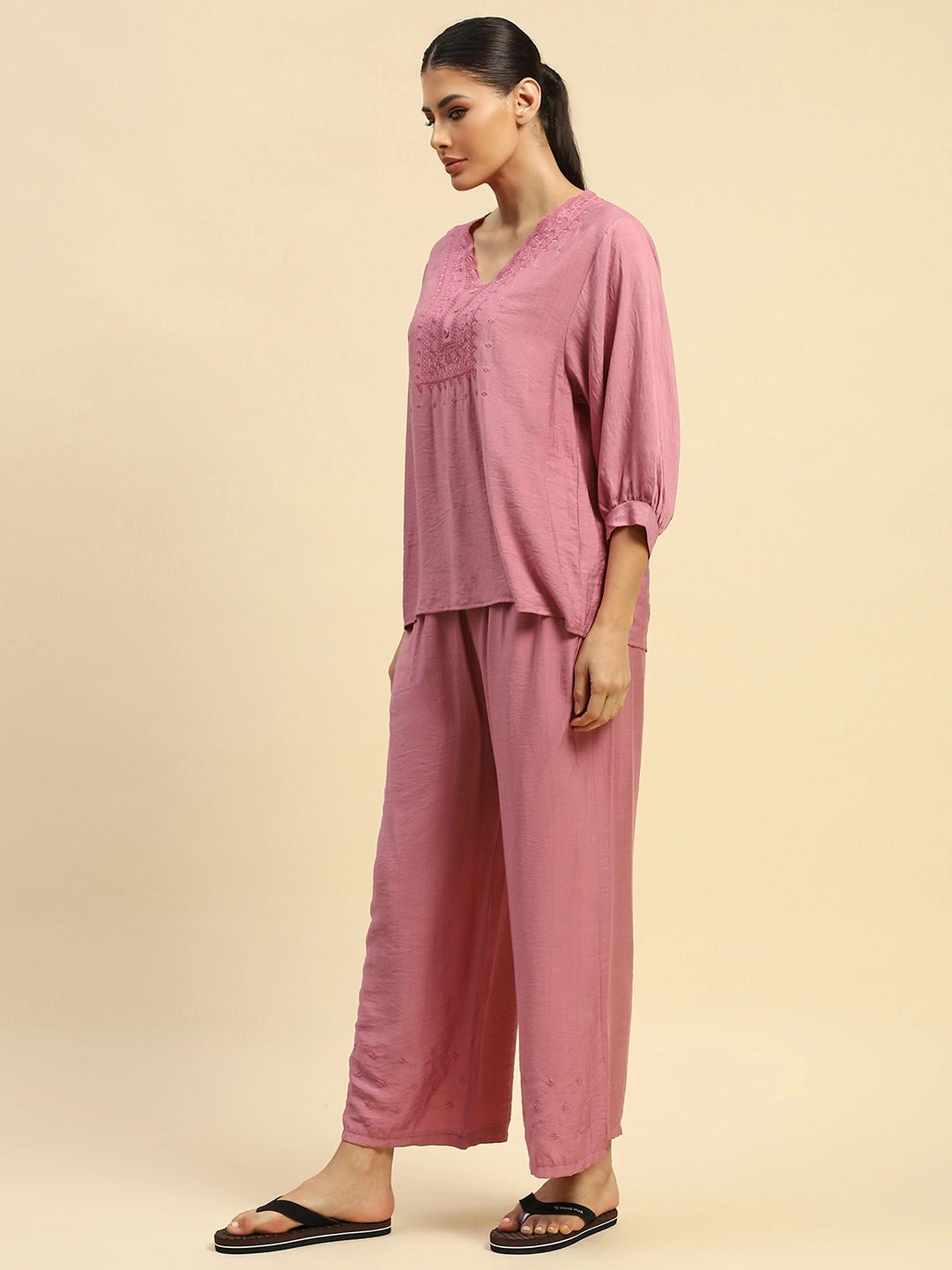 Dusty Pink Rayon Relaxed Fit Night Suit For Women