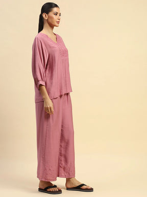 Dusty Pink Rayon Relaxed Fit Night Suit For Women