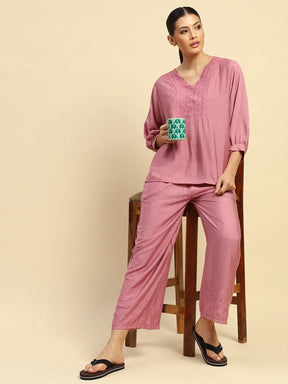 Dusty Pink Rayon Relaxed Fit Night Suit For Women