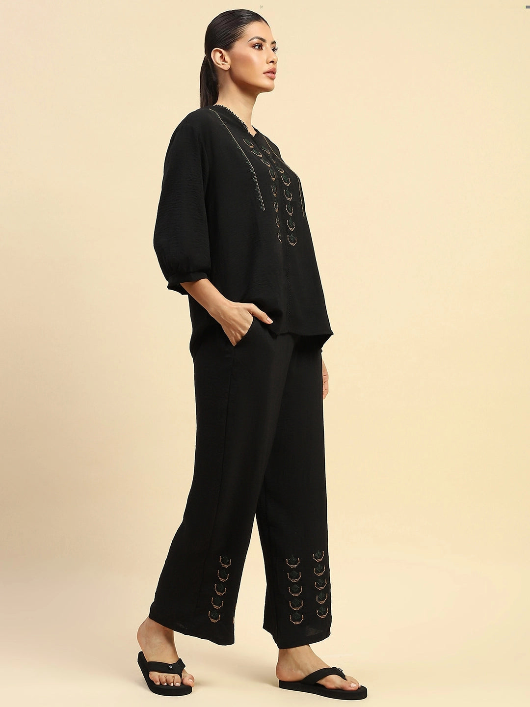 Black Poly Nylon Relaxed Fit Night Suit For Women