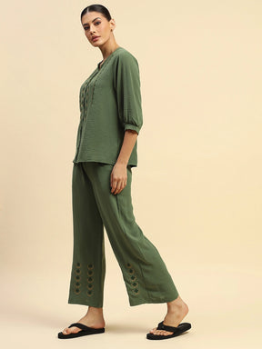 Green Poly Rayon Relaxed Fit Night Suit For Women