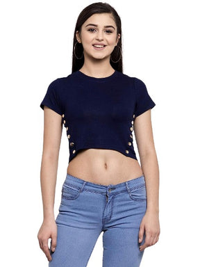 Navy Blue Cotton Blend Regular Fit Top For Women