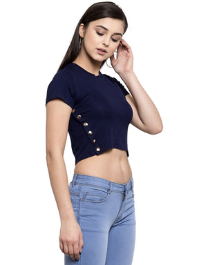 Navy Blue Cotton Blend Regular Fit Top For Women