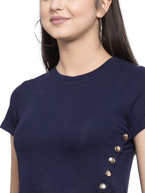 Navy Blue Cotton Blend Regular Fit Top For Women