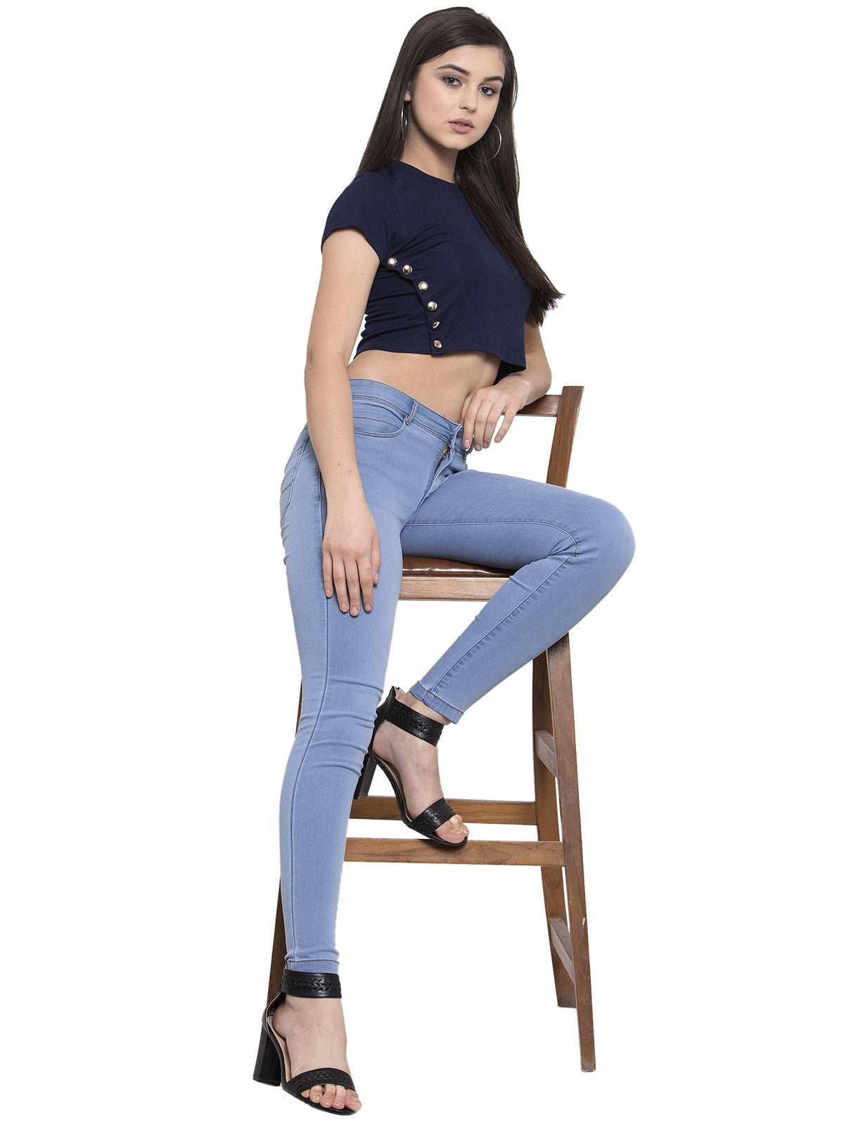 Navy Blue Cotton Blend Regular Fit Top For Women