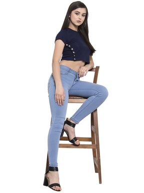 Navy Blue Cotton Blend Regular Fit Top For Women