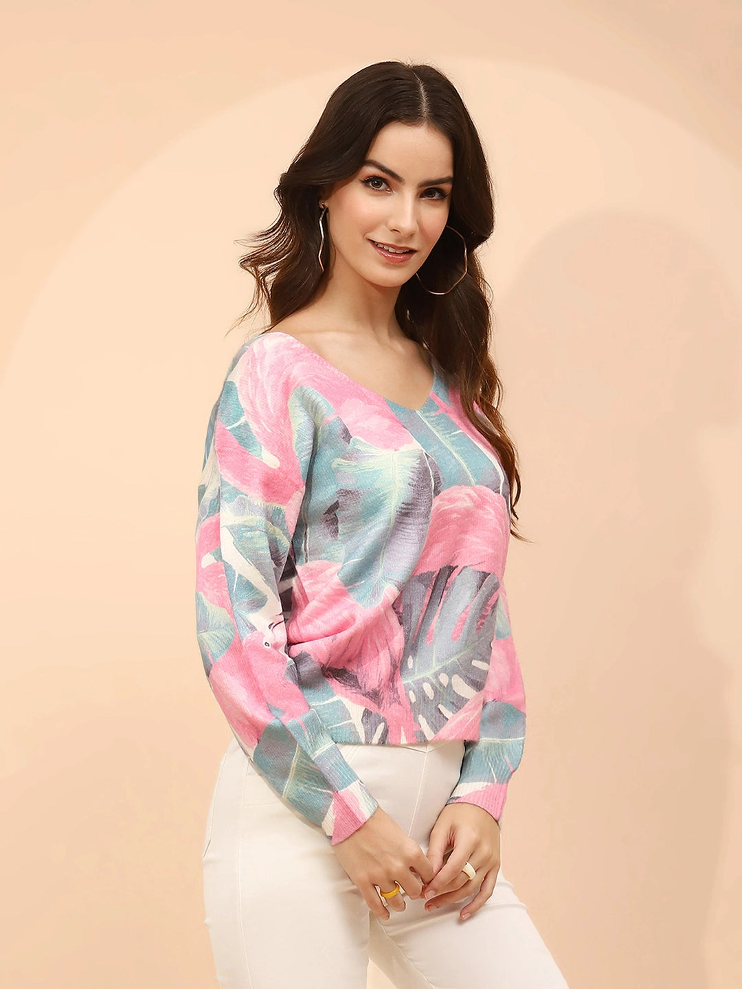 Pink Poly Viscose Relaxed Fit Pullover For Winter