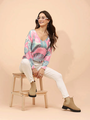 Pink Poly Viscose Relaxed Fit Pullover For Women