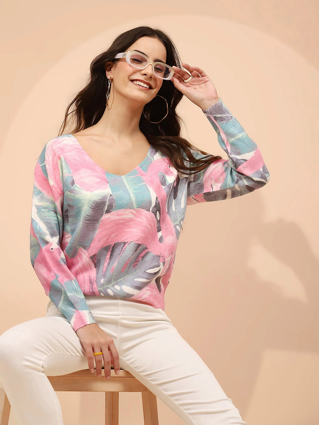 Pink Poly Viscose Relaxed Fit Pullover For Winter