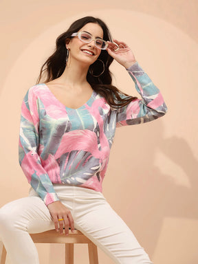 Pink Poly Viscose Relaxed Fit Pullover For Women