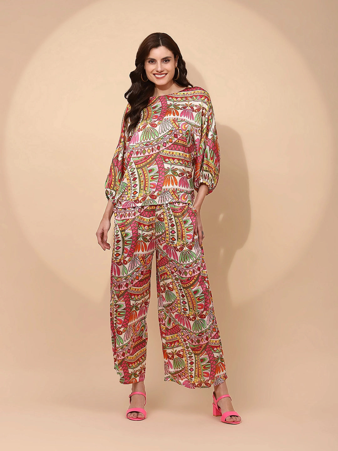 Multi Pink Polyester Blend Relaxed Fit Co-ord Set For Women